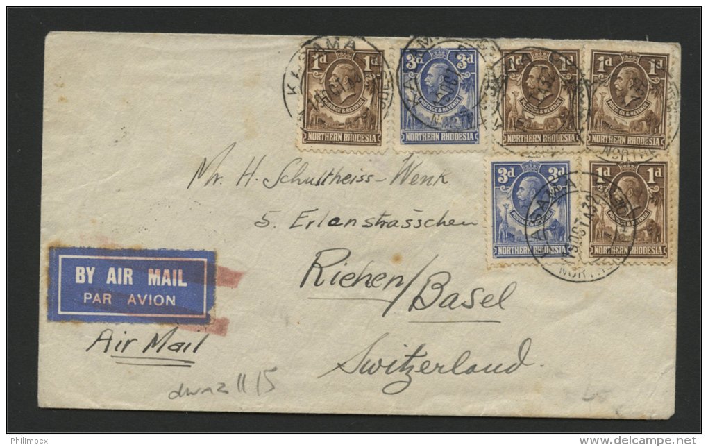 NORTH RHODESIA AIRPOST 4x 1d + 2x 3d AIRPOSTCOVER 1932 TO BASEL - Nordrhodesien (...-1963)