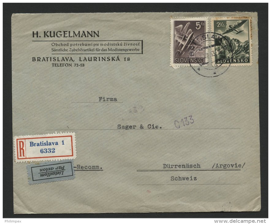 SLOVAKIA, CENSORED AIRPOSTCOVER REGISTERED TO SWITZERLAND 5Ks + 2 Ks From BRATISLAVA To  DÜRRENÄSCH - Lettres & Documents