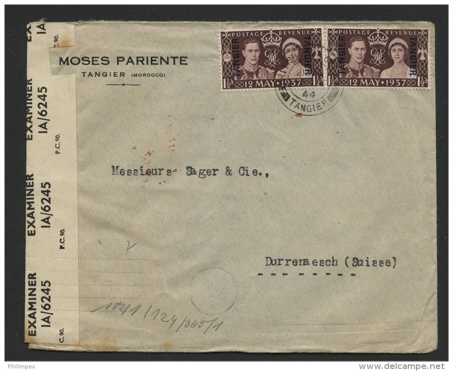 TANGER, BRITISH POST OFFICE CENSOR COVER 1944 TO SWITZERLAND - Morocco Agencies / Tangier (...-1958)