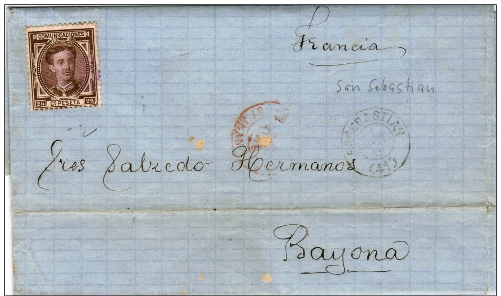 Espana - Carta De San Sebastian 1876 Con Francatura Y.177 Singular A. Bayona, France - Lettres & Documents