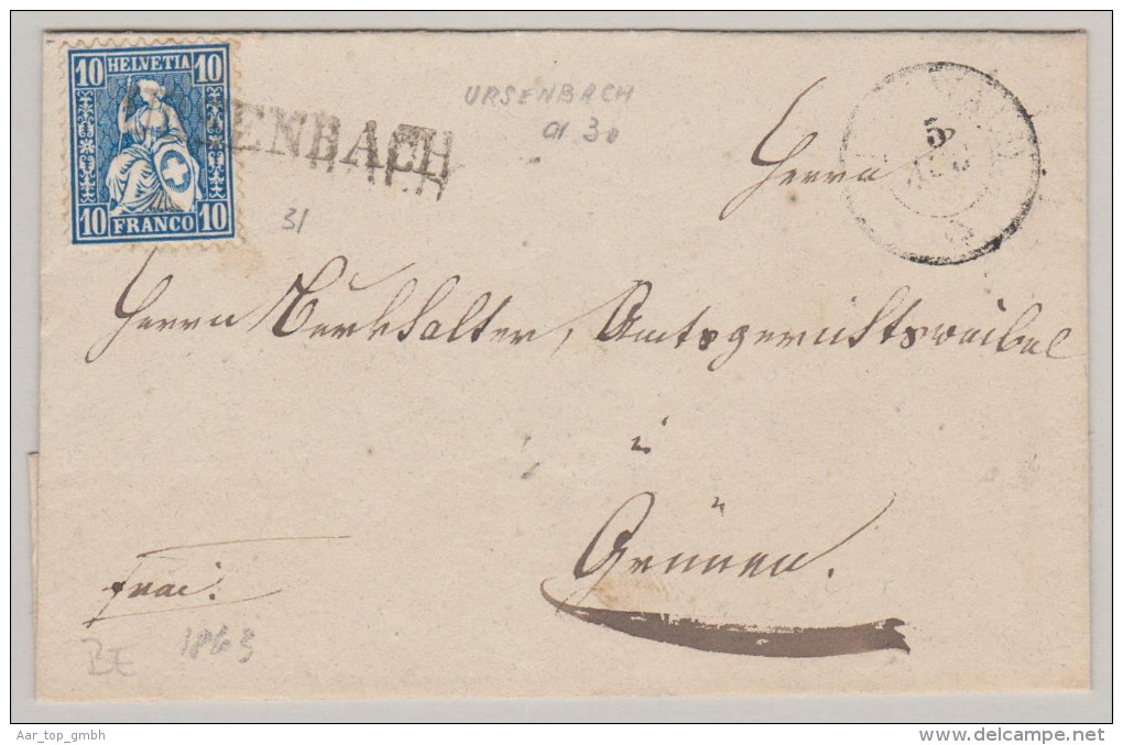Heimat BE URSENBACH 1863-08-05 Brief Nach Grünau Mit 10Rp Blau Zu#31 Sitzende Helvetia - Covers & Documents