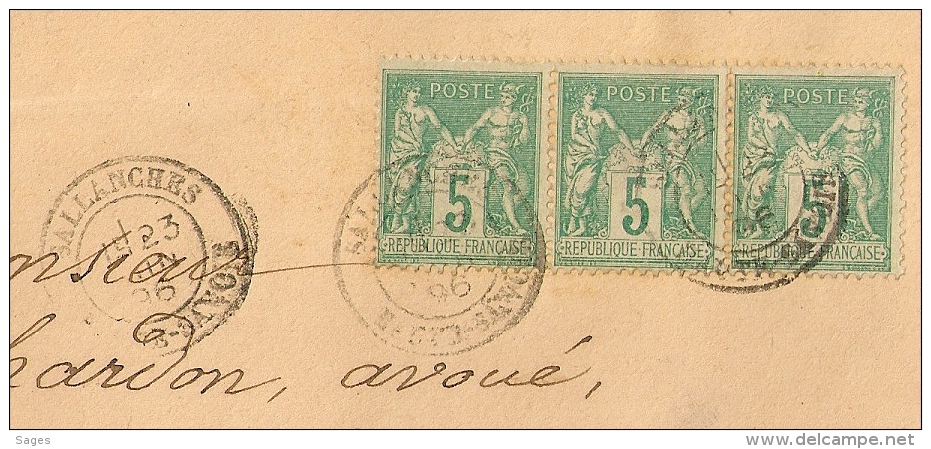Bande 3 SAGE, 5C Vert , SALLANCHES Haute Savoie Sur DEVANT D'enveloppe. - 1876-1898 Sage (Type II)