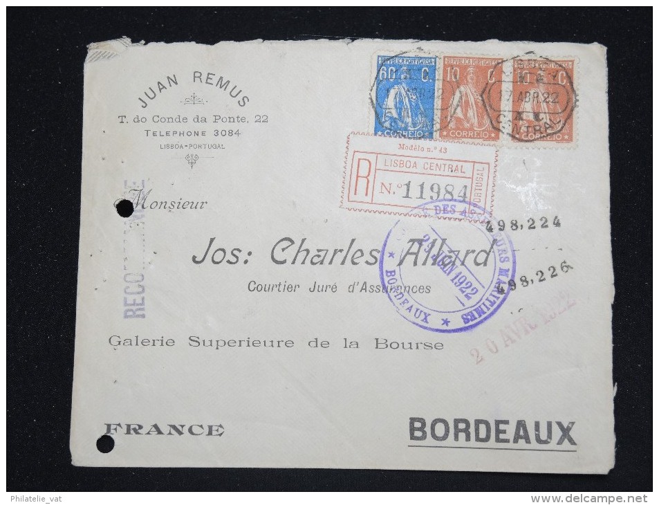 PORTUGAL - Enveloppe En Recommandée Pour La France En 1922 - A Voir - Lot P12583 - Lettres & Documents