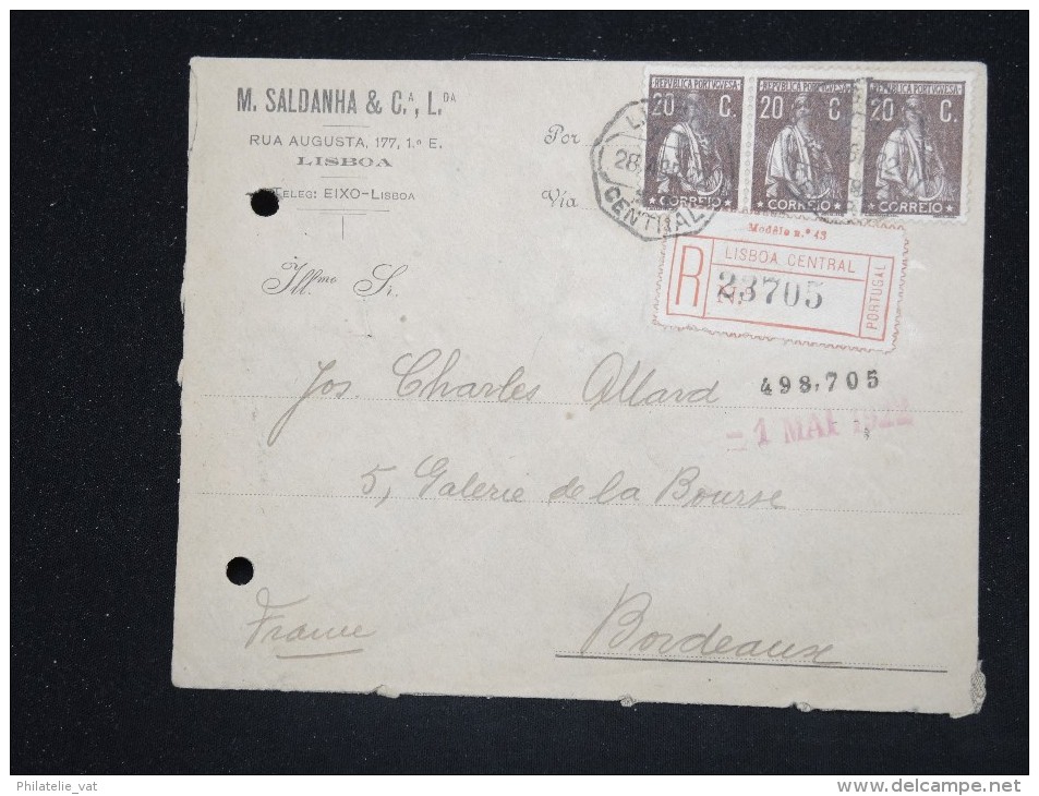 PORTUGAL - Enveloppe En Recommandée Pour La France En 1922 - A Voir - Lot P12587 - Lettres & Documents