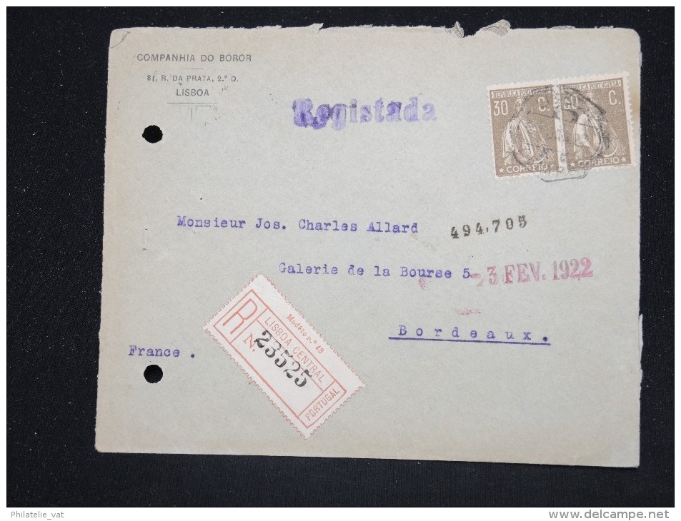 PORTUGAL - Enveloppe En Recommandée Pour La France En 1922 - A Voir - Lot P12589 - Lettres & Documents