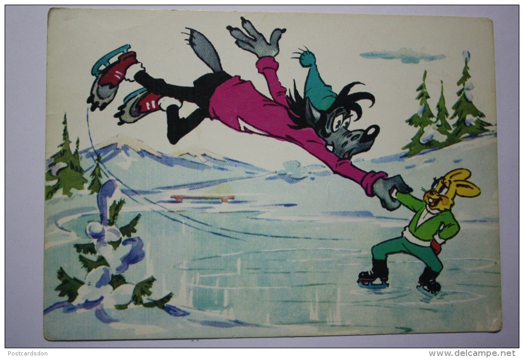 SOVIET PC. FIGURE SKATING.  WOLF WITH A BUNNY. OLD Postcard 1970S - USSR - Patinage Artistique