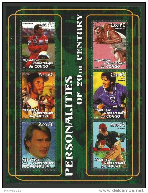 CONGO 2001 SPORT FORMULA ONE AYRTON SENNA FOOTBALL DAVID BECKHAM SHEET MNH - Mint/hinged