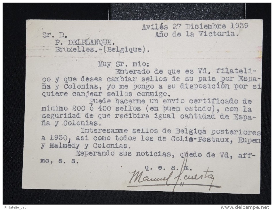 ESPAGNE - Carte De Aviles En 1939 Pour La Belgique - Avec Censure Et Propagande De Franco - A Voir - Lot P12626 - Marcas De Censura Nacional