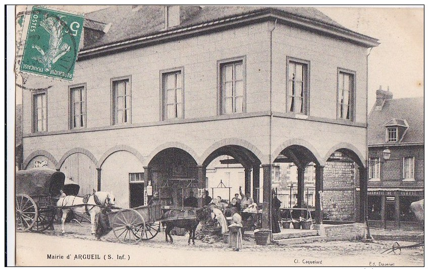 76 ARGUEIL  MARCHE Couvert  Animation Marchands  Bel ATTELAGE Pharmacie Timbré 1913 - Otros & Sin Clasificación