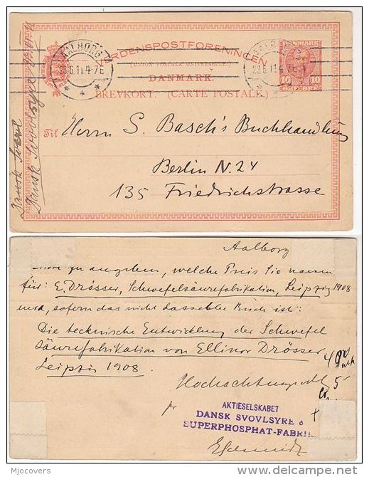 1911 Aalborg DENMARK POSTAL STATIONERY CARD From SUPER PHOSPHATE FACTORY To  BERLIN GERMANY  Stamps Cover Minerals - Postal Stationery