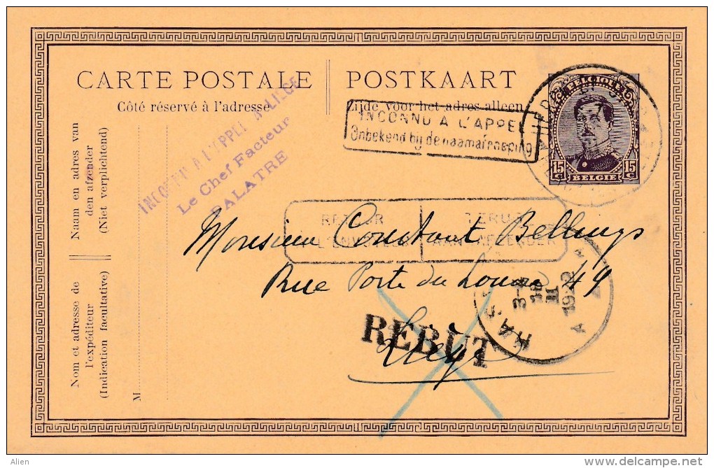 15 Ct PS Kaart  Herk-de-Stad Naar Luik 1922 Met "Inconnu à L'Appel..", Retour..." En "REBUT", Verder Naar Hasselt. - Cartes Postales 1909-1934