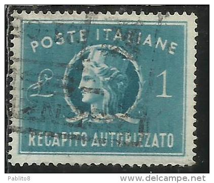 ITALIA REPUBBLICA ITALY REPUBLIC 1947 RECAPITO AUTORIZZATO TURRITA LIRE 1 LIRA USATO USED OBLITERE´ - Revenue Stamps