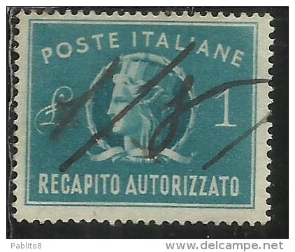 ITALIA REPUBBLICA ITALY REPUBLIC 1947 RECAPITO AUTORIZZATO TURRITA LIRE 1 LIRA USATO USED OBLITERE´ - Revenue Stamps