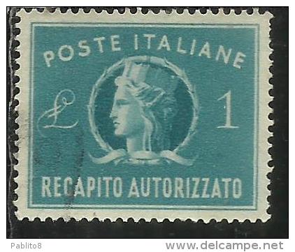 ITALIA REPUBBLICA ITALY REPUBLIC 1947 RECAPITO AUTORIZZATO TURRITA LIRE 1 LIRA USATO USED OBLITERE´ - Fiscales