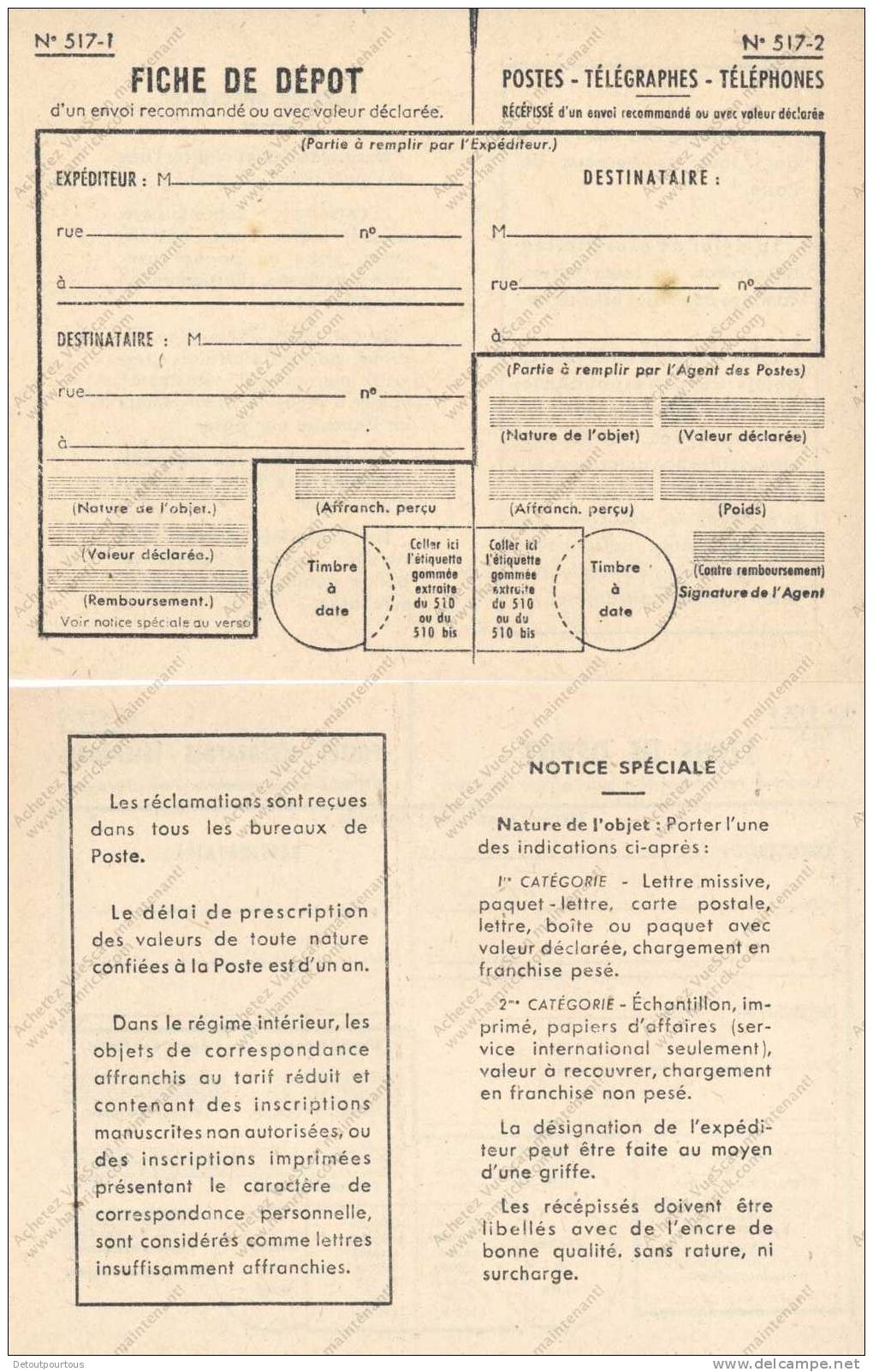 Fiche De Dépôt D'un Envoi Recommandé Ou Avec Valeur Déclarée N°517-1 & 2 Vierge POSTES TELEGRAPHES TELEPHONES PTT - Storia Postale