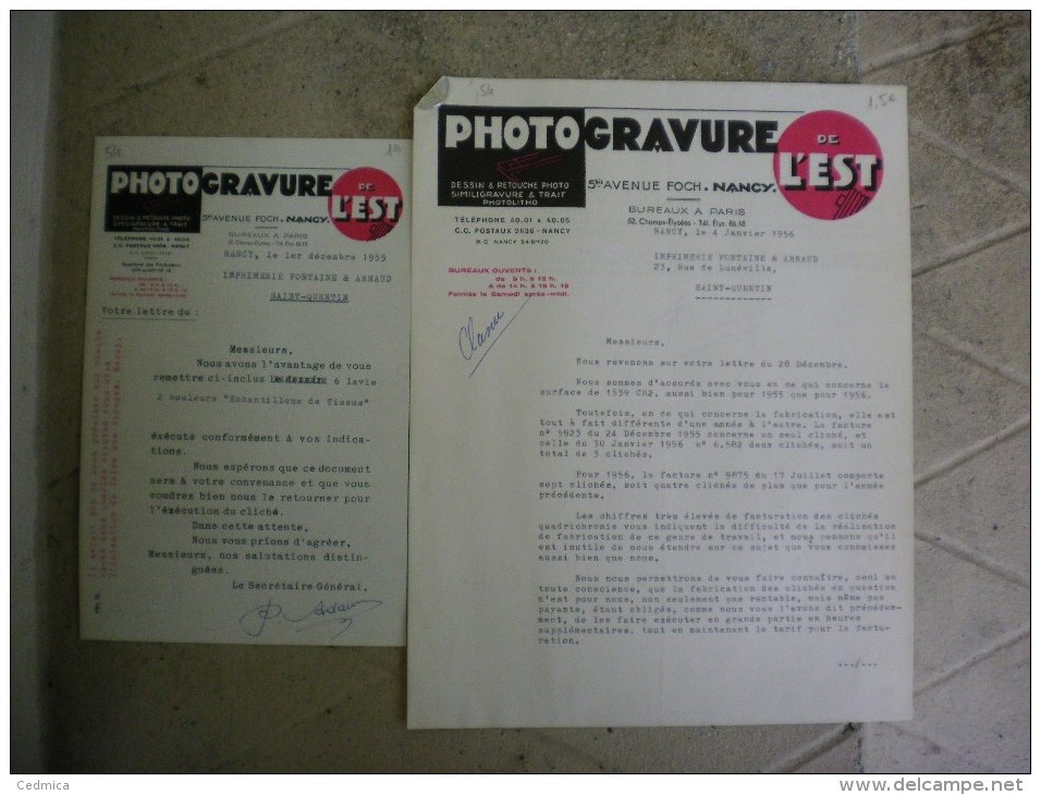 NANCY PHOTOGRAVURE DE L'EST 5bis AVENUE FOCH DESSIN & RETOUCHE PHOTO COURRIERS DE 1955 ET 1956 - 1950 - ...