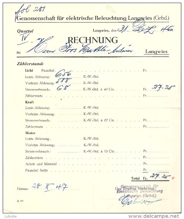 Rechnung  "Genossenschaft Für Elektrische Beleuchtung Langwies"          1946 - Switzerland