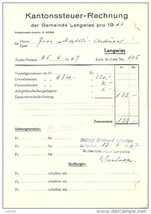 Rechnung  "Kantonssteuer Der Gemeinde Langwies"          1947 - Switzerland