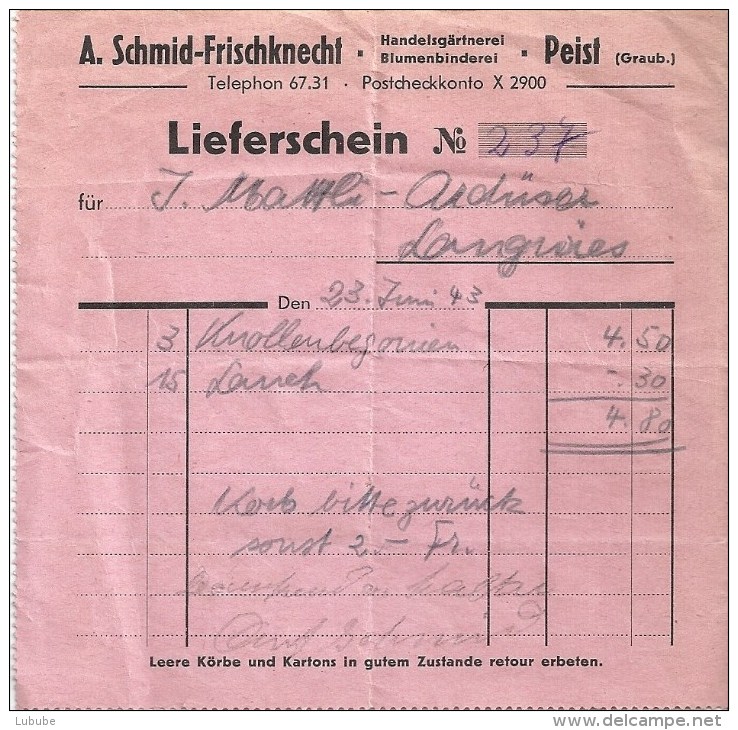 Lieferschein  "Schmid-Frischknecht, Handelsgärtnerei, Peist"          1943 - Suisse