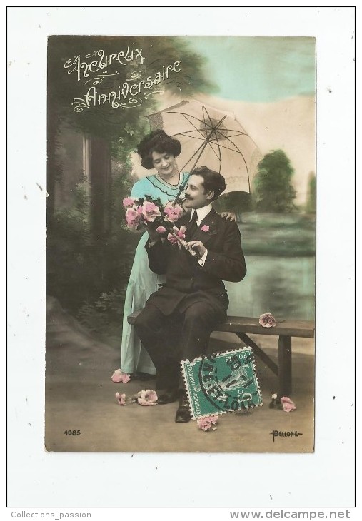 Cp , Couple , Heureux Anniversaire , Fleur , Ombrelle , Voyagée 1911 - Paare