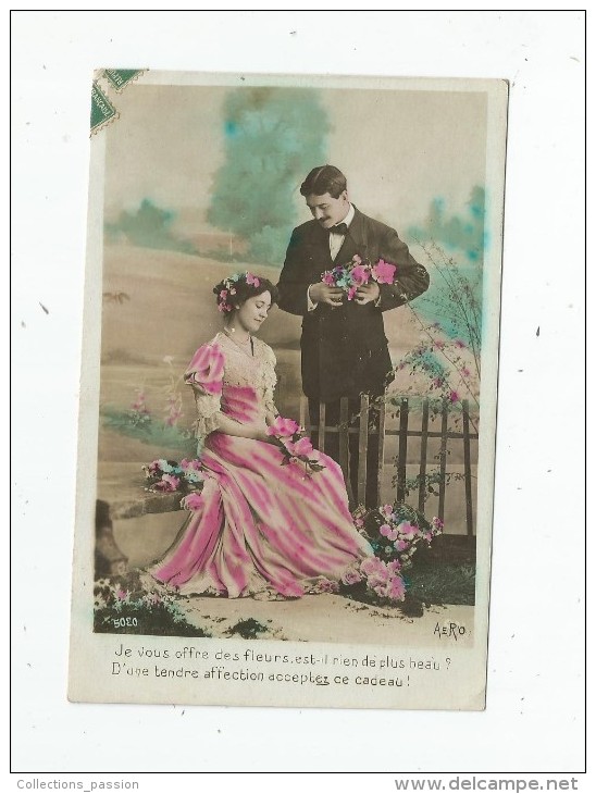 Cp , Couple , Je Vous Offre Des Fleurs , Voyagée 1910 - Paare