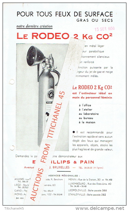 Prospectus Publicitaire Extincteur LE RODEO 2 Kg CO² - Ets PHILLIPS & PAIN BRUXELLES - Werbung