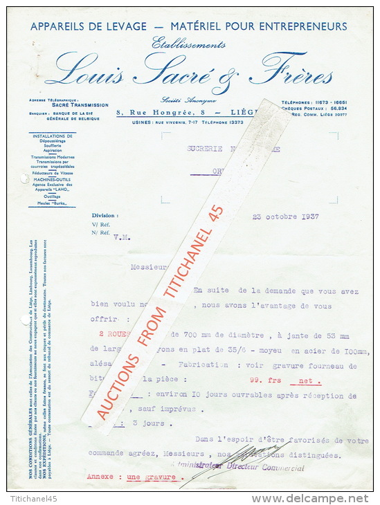 Lettre De 1937 +prospectus Publicitaire Louis SACRE & FRERES à LIEGE - Charette, Brouette, Tonneau, Benne, Roue... - Advertising