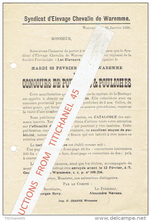 Lettre 1938 WAREMME - SYNDICAT D´ELEVAGE CHEVALIN DE WAREMME - Concerne CONCOURS DE POULAINS & POULICHES Le 22/02/19 - Autres & Non Classés