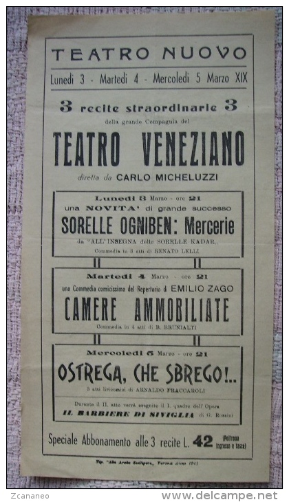 MANIFESTO LOCANDINA PUBBLICITARIA - COMPAGNIA DI RECITE A VERONA 1941 - Pubblicitari