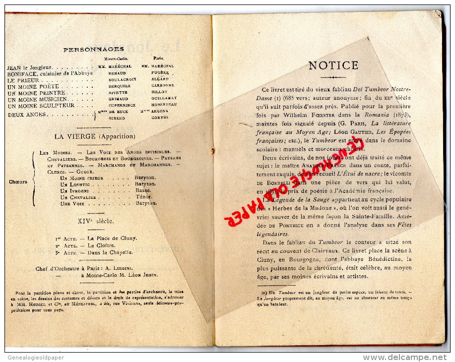 75 - PARIS - LE JONGLEUR DE NOTRE DAME- THEATRE POEME MAURICE LENA-MUSIQUE JULES MASSENET-1906 AU MENESTREL RUE VIVIENNE - Autres & Non Classés