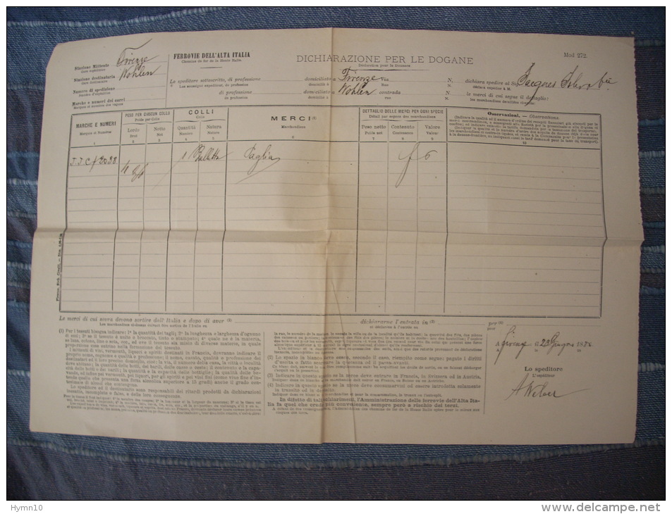 DE883-1879 FERROVIE DELL'ALTA ITALIA DICHIARAZIONE PER LE DOGANE Modello 272 Da MODANE A WOHLEN SVIZZERA - Spoorweg
