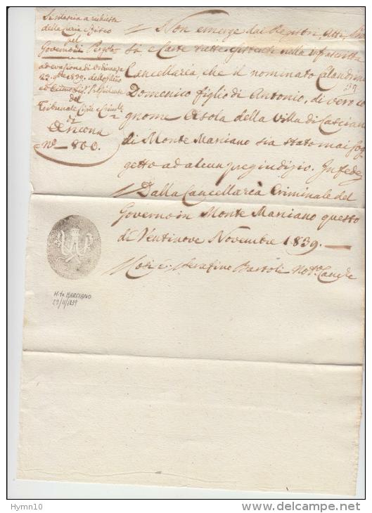 DE890-1839 Documento Dalla CANCELLERIA CRIMINALE Di MONTE MARCIANO Con STEMMA ARALDICO In NEGATIVO - Documenti Storici