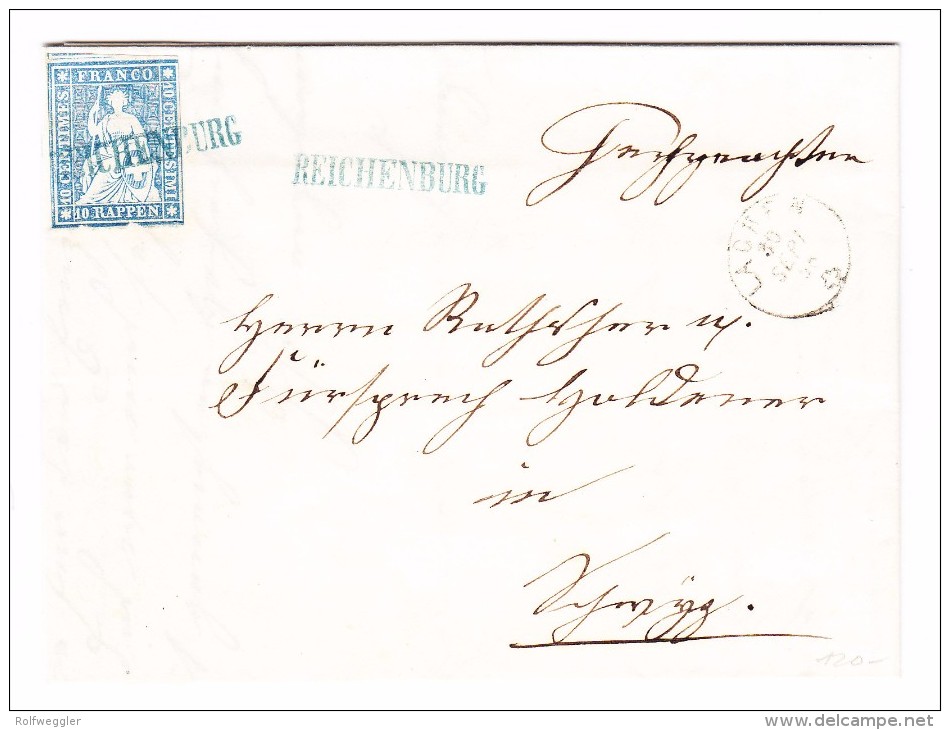 Heimat SZ Reichenburg Langstempel Blau Grün Mit Strubel 10Rp. Auf 2 Seiten Berührt Auf Brief Nach Lachen 30.9.1858 Zwerg - Lettres & Documents