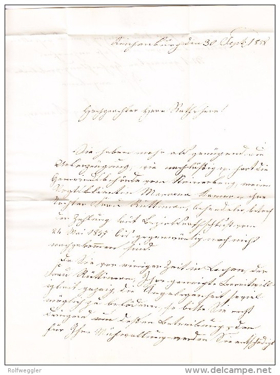 Heimat SZ Reichenburg Langstempel Blau Grün Mit Strubel 10Rp. Auf 2 Seiten Berührt Auf Brief Nach Lachen 30.9.1858 Zwerg - Covers & Documents