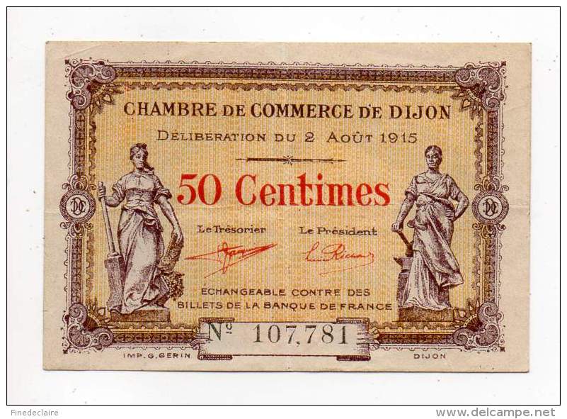 Billet Chambre De Commerce - Dijon - 50 Cts - 2 Août 1915 - Sans Filigrane - Chambre De Commerce