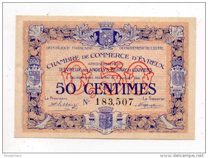 Billet Chambre De Commerce - Evreux - 50 Cts - 6 Mai/6 Juillet 1916 - Sans Filigrane - Neuf - Chambre De Commerce