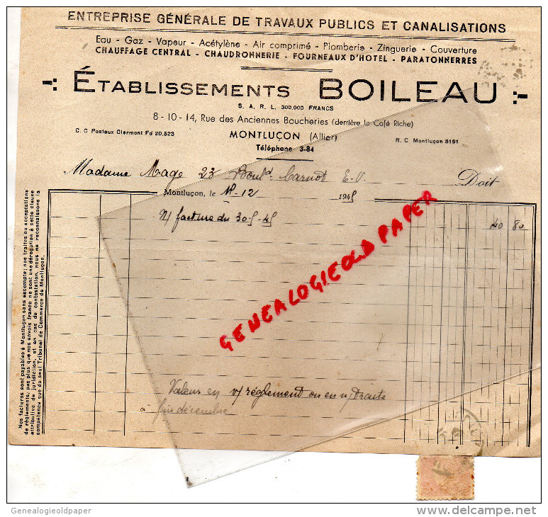 03 - MONTLUCON - FACTURE  ETS BOILEAU - TRAVAUX PUBLICS- CHAUDRONNERIE- 8-14 RUE DES ANCIENNES BOUCHERIES- 1945 - 1900 – 1949