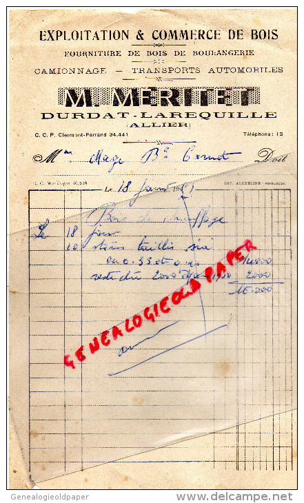 03 - DURDAT LAREQUILLE - FACTURE M. MERITET- EXPLOITATION COMMERCE DE BOIS-FOURNITURE BOIS BOULANGERIE-1950 - 1950 - ...