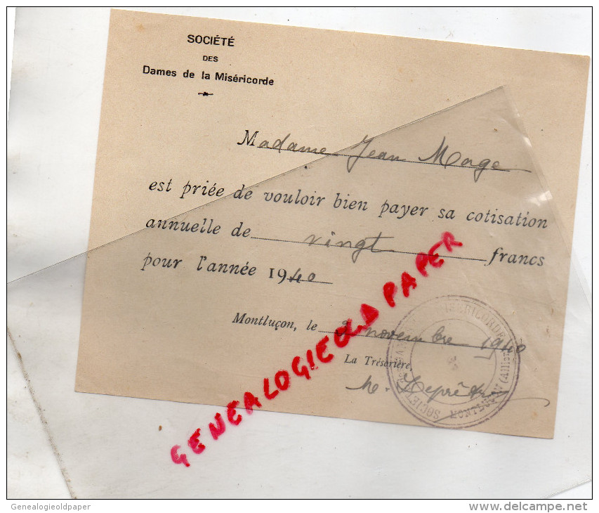 03 - MONTLUCON - COTISATION STE DES DAMES DE LA MISERICORDE- JEAN MAGE- 1940 - 1950 - ...