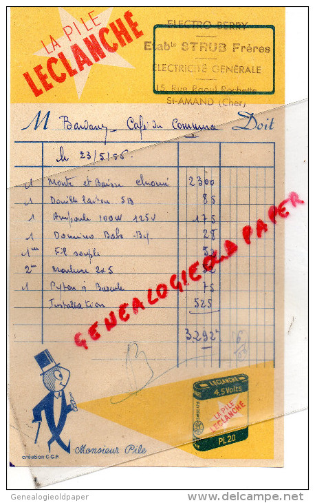18 - SAINT AMAND - FACTURE ELECTRO BERRY- ETS STRUB FRERES-ELECTRICTE- 15 RUE PAUL ROCHETTE- PILE LECLANCHE-1956 - Elektriciteit En Gas