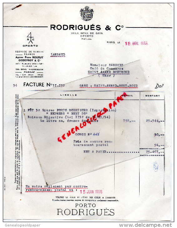 PORTUGAL - FACTURE RODRIGUES & CO- VILLA NOVA DE GAYA- OPORTO-PIERRE BOURUT GODEFROY- 19BD HAUSSMANN- PATIS -1956 PORTO - Portogallo