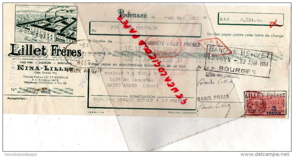 33 - PODENSAC-BORDEAUX- TRAITE LILLET FRERES -KINA - 1951 - Portugal