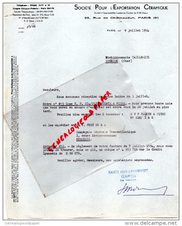 75009 -75-  PARIS - SOCIETE EXPORTATION CERAMIQUE- 36 RUE CHATEAUDUN- ETS. TAILLEMITE A VIERZON -1954 - 1950 - ...