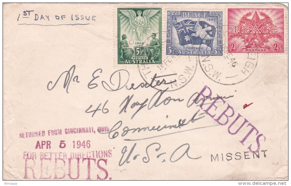 Australia 1946 Peace On First Day Cover Sent To USA And Returned Back - FDC
