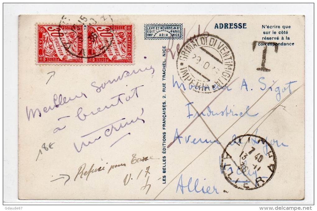 1936 - CP De GRIMALDI DI VENTIMIGLIA AFFRANCHIE AU DOS -> TAXE De VICHY (ALLIER) - 1859-1959 Lettres & Documents