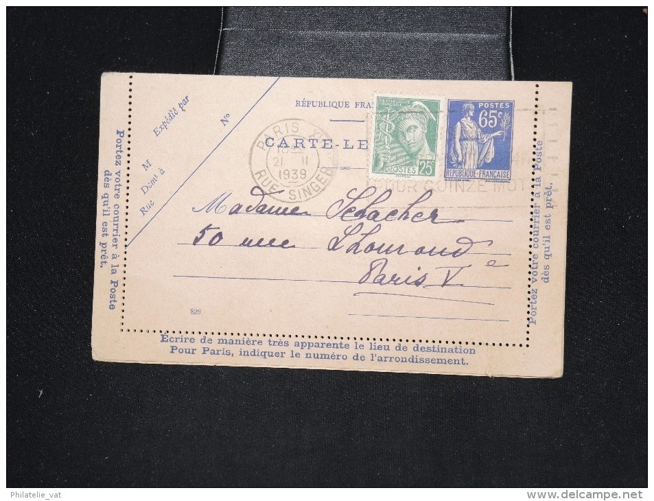 FRANCE - Entier Postal ( Carte Lettre ) De Paris Pour Paris En 1939 - A Voir - Lot P12760 - Letter Cards