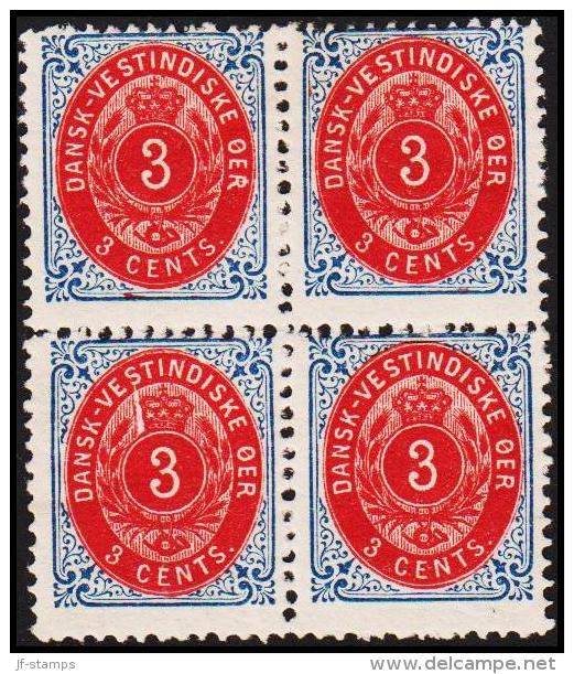 1896-1906. Bi-coloured. 3 C. Blue/red. Inverted Frame. Perf. 12 3/4. Variety. 4-block. (Michel: 17 II (AFA 6Byx)) - JF18 - Dänisch-Westindien