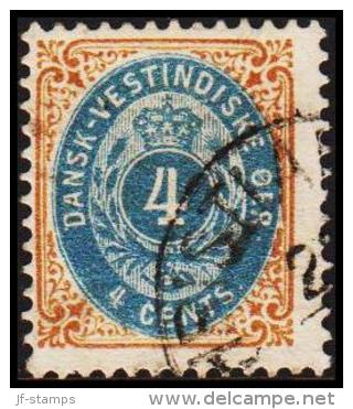 1896-1906. Bi-coloured. 4 C. Blue/brown. Normal Frame. Perf. 12 3/4. Variety. (Michel: 18 I) - JF180573 - Dänisch-Westindien
