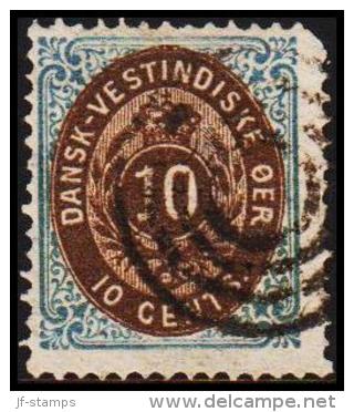 1876-1879. Bi-coloured. 10 C. Blue/dark Brown. Normal Frame. Perf. 14x13½. 6th Print. V... (Michel: 11 Ic) - JF180595 - Deens West-Indië