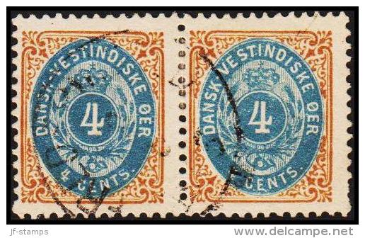 1896-1906. Bi-coloured. 4 C. Blue/brown. Normal Frame. Perf. 12 3/4. Pos 23 Or 75. Pair. (Michel: 18 I) - JF180567 - Danish West Indies